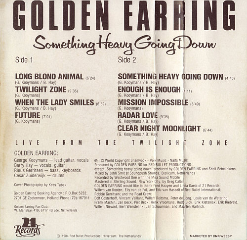 Golden Earring Something Heavy Going Down Cassette inlay back 1984